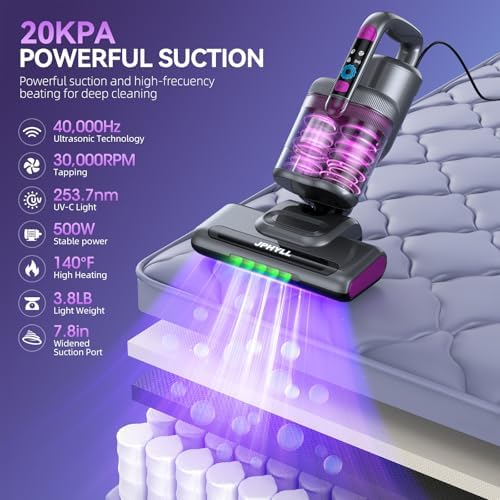 Mattress Vacuum Cleaner, 20KPa Suction, UV-C Light, 140°F Heated Air, 30000 RPM Brushroll, Ultrasonic Technology, HEPA Filter, 500W Corded Bed Vacuum for Mattress & Sofa - Image 2
