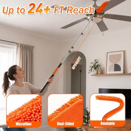 SISUPASSIE 30FT Reach High Ceiling Duster Kit, Window Cleaning kit with 5-24FT Extension Pole, Fan Duster for Ceiling Fan Blades, Microfiber Feather Duster, Rotatable Window Squeegee and Cobweb Duster - Image 6