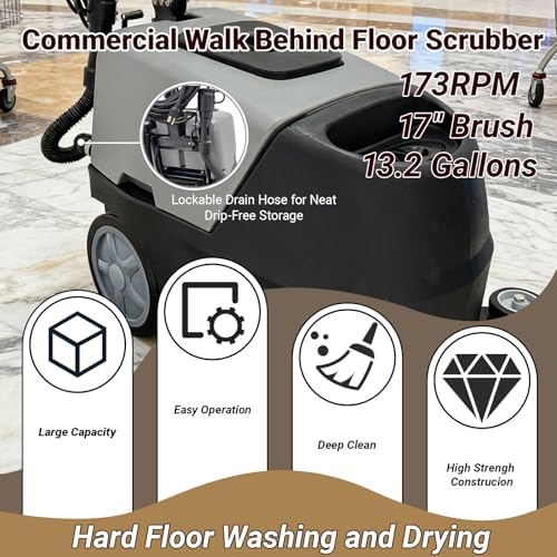 Commercial Walk Behind Floor Scrubber 17" Brush (173RPM) with 13.2 Gallons Dual Tanks, Auto Floor Scrubber Machine for Malls/Hotels/Factories/Offices, Instant Dry/ 1700m²/h Efficiency 110V - Image 2
