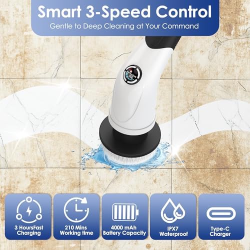 Cordless Electric Spin Scrubber, IPX7 Waterproof Rechargeable Power Cleaning Brush with 4000mAh Battery, 210min Runtime, 7 Brush Heads, 3 Adjustable Speeds, for Shower, Tub, Tile, Kitchen, Floor - Image 3