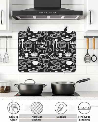 Black Kitchen Tools Stove Top Covers for Electric Stove, Modern Cooking Utensil Induction Cooktop Cover Protector, Farmhouse Cookware Range Mat for Glass Top Stove, Kitchen Dish Drying Mat, 28"x20" - Image 6