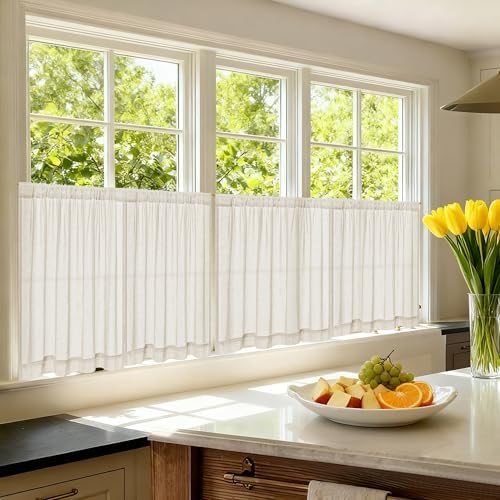 Beige Semi Sheer Linen Kitchen Curtains 24 Inch Length 2 Panels - Image 7