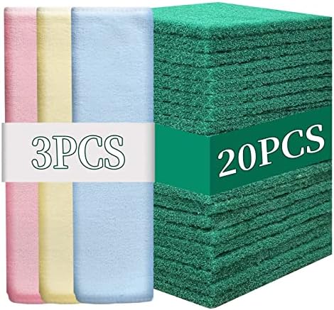 Heavy Duty Scour Pads Sponge Dish Scrubber Non-Scratch Green Reusable Household Scrub Pads for Kitchen and Dish Cleaning Tool (20Pcs Sponge+3Pcs Clean Towel) by GUEICN