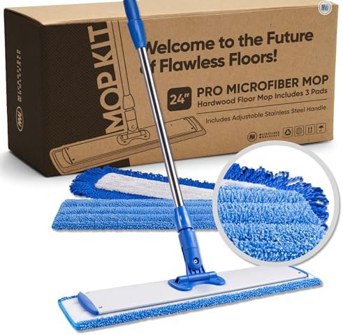 Microfiber Wholesale 24" Professional Microfiber Flat Mop – Wet, Dry & Dust for Hardwood, Vinyl Plank, Laminate & Tile – Commercial Flat Mop System, 64" Stainless Handle, 3 Reusable Pads by MicrofiberWholesale