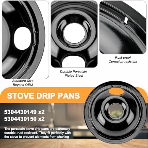 Black Stove Drip Pans Set of 4 Fit for Kenmore, Frigidaire Stove, Porcelain Drip Pans Replace 5304430149, 5304430150, 318067041, 318067051 - Include 2 6-In and 2 8-In Burner Drip Pan by Fetechmate - Image 3