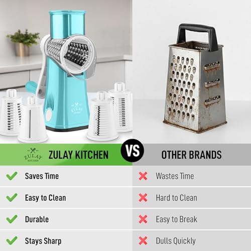 Rotary Cheese Grater Manual Hand Crank 5 Blade Shredder, White & Light Blue | 5 Interchangeable Drums With Reinforced Suction Non-Slip Base Kitchen Countertops for Fresh Cheese, Vegetables & Other Food - Image 2