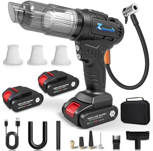 3 in 1 Cordless Car Vacuum and Air Compressor, LED Light,5000PA Powerful Suction&150PSI Auto-Shutoff Tire Inflator, with 3 Filters,45W Fast Charging for Car, Home,Motorcycle, Bicycle, Air Mattres by Zapvolt