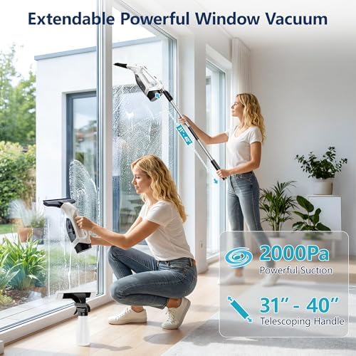 Window Vacuum Squeegee with Extendable Pole 31-40", Electric Cleaner Tool - Image 2