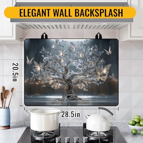 NYZE 28" x 20" Electric Stove Top Cover - Silver Tree of Life Glass Stovetop Protector Mat, Heat Resistant Silicone Stove Topper & Counter Space Saver for Modern Kitchen Decor - Image 3