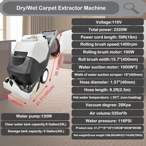 INTSUPERMAI Commercial Carpet Extractor, 3‑in‑1 Carpet Cleaner Machine 9 Gal +9 Gal Large Tank, Heavy Duty Deep Spraying, Washing and Drying for Hotel Office Sofa Curtain Upholstery Hard Floors 110V - Image 2