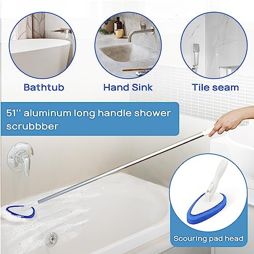 Qaestfy Shower Scrubber Cleaning Brush Combo Bath Tub Tile Cleaner Scrubber Brush with 51'' Adjustable Long Handle Scrub Brush for Bathroom Shower Bathtub Wall Mop Cleaning Scrubbing - Image 2