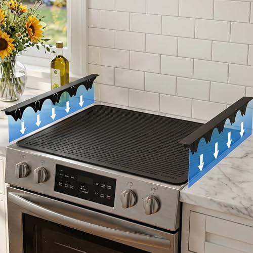 Silicone Stove Gap Covers with Stainless Steel, Oven Gap Filler Seals Gaps Between Stovetop and Counter, Stove Gap Guards Range Trim Kit, Easy to Clean Stove Gap Guard (Black 2 Pack,25"with mat) by YUHFERA