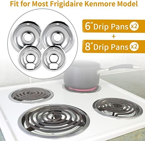 4 Pack Chrome Drip Pans, Compatible with Whirpool Kenmore Frigirate Stove Top Drip Bowls. Include 2 Pcs 6'' Range Replacement Drip Pans and 2 Pcs 8 '' Cooktop Drip Pans - Image 2