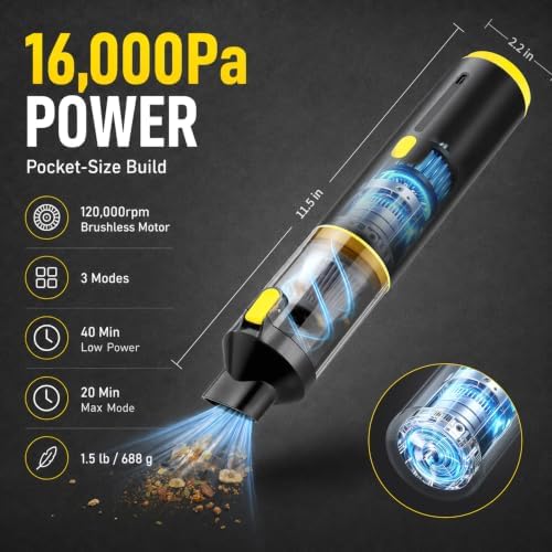 CROS Handheld Car Vacuum Portable Cordless 3 Suction Modes, 16000Pa 4-in-1 Mini Vacuum with Interchangeable Accessories for Car, Small Jobs, Keyboard and Office - Image 4