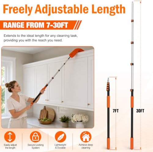 LAANPOLE 36FT High Reach Duster Cleaning Kit with Extension Pole, High Ceiling Fan Cleaner Duster Tool for Fan Blades, Window Washing Kit with Microfiber Feather Duster & Window Squeegee - Image 6