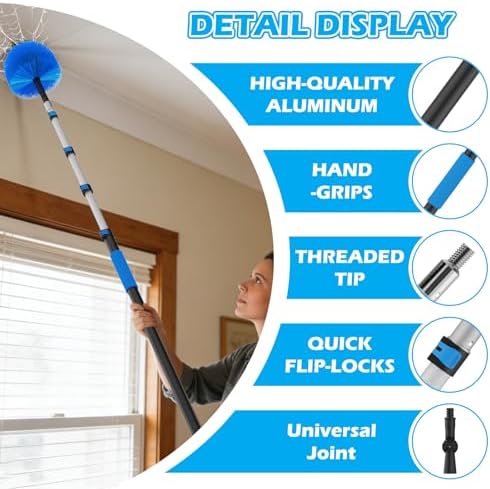 16FT Reach High Ceiling Duster Kits with 3-12FT Adjustable Pole - Includes Extra Long Duster, High Ceiling Duster, Rotatable Window Squeegee & Cobweb Duster for Ceiling Fans and Whole House Cleaning - Image 3