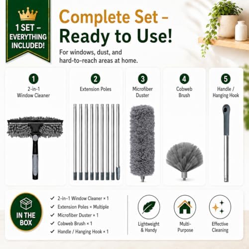 3-in-1 Feather dusters for Cleaning, Cobweb Duster with Extension Pole up to 13.8 ft, Reusable Long Duster with Window Squeegee for Cleaning high Ceilings, Spider Web, Fan - Image 5