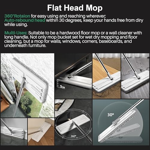 JOYMOOP Flat Mop System, Microfiber Mop and Bucket Set, White, Household & Commercial Floor Cleaning Mop with Long Handle, Wet & Dry Cleaning for Hardwood Floors, Includes 5 Pads - Image 4