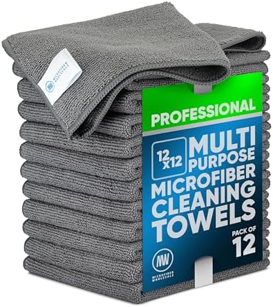 MW PRO Premium Microfiber Cleaning Cloths (12 Pack, 12x12, Grey) - Streak Free Stainless Steel & Glass Towels - Ultra Soft Cleaning Cloths for Screens, Granite & Modern Home - Washable & Reusable by MicrofiberWholesale