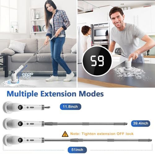 Qimedo Upgrade Rechargeable Electric Scrubber for Cleaning, 45-inch Handheld Spin Scrubber with Extended Long Handle, Cordless Power Dish Scrubber with 6 Brushes for Bathtub Grout Tile Floor - Image 3