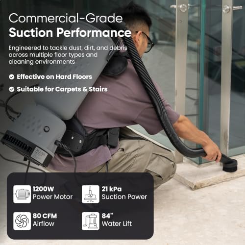 Dapper Commercial Backpack Vacuum Cleaner, 13 lb Lightweight HEPA Filter, 10.5 Qt Capacity, 50 Ft Cord, 1200W for Hard Floors, Carpet, Stairs & Offices - Image 5
