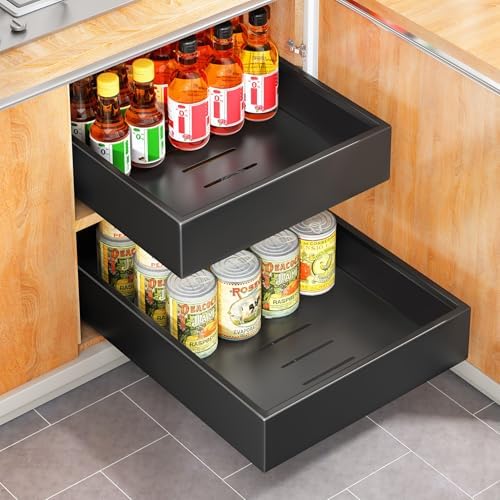 Pull out Cabinet Organizer, 21"Deep, 11.8"Wide Full-Extension Heavy Duty Slide out Drawers with Nano Adhesive, Roll Out Shelves Sliding Cabinet for Kitchen, Bathroom, Pantry,Under Sink Storage(Black) by Kitstorack