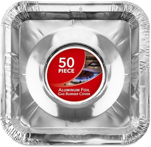 Disposable Gas Burner Liners (50 Pack) Aluminum Foil Square Gas Stove Burner Covers - 8.5 Inch Gas Range Protector, Stove Top Covers for Gas Burners, Foil Liners to Catch Oil, Grease, and Food Spills by StockYourHome