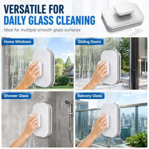 6-in-1 Magnetic Window Cleaner, Magnetic Window Cleaner Double Sided with Anti-Falling Rope, Magnetic Car Windshield Cleaner Tool, Dual Pads + Squeegee, Fit for 1/8"-1'' Glasses，5/8"-1'' - Image 6