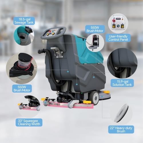 T381 22" Walk-Behind Commercial Floor Scrubber Machine,Large Tank - Image 6