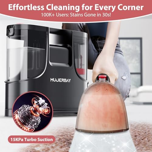 Upholstery Carpet Cleaner, MUJERBAY 15Kpa Portable Spot and Stain Cleaner Shampooer, Easy Move with Handle, 1.5-inch Deep Cleaning Machine for Couch, Stairs, Car and Pet Messes. (Black) - Image 2