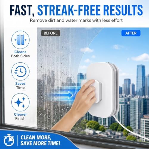 6-in-1 Magnetic Window Cleaner, Magnetic Window Cleaner Double Sided with Anti-Falling Rope, Magnetic Car Windshield Cleaner Tool, Dual Pads + Squeegee, Fit for 1/8"-1'' Glasses，5/8"-1'' - Image 5