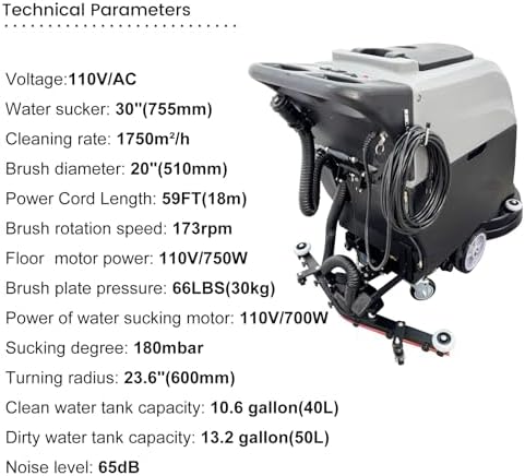 110V Commercial Auto Floor Scrubber Machine - 20" (510mm) Brush, 173RPM Speed, 23.8 Gallons Dual Tanks , 1750m²/h Cleaning Rate, Commercial Walk-Behind Floor Polisher - Image 4
