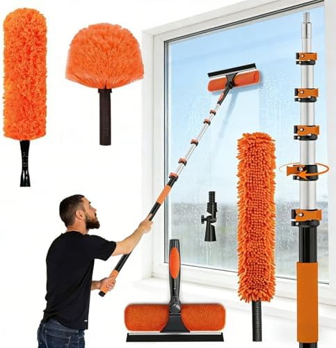 26FT Reach Duster Kit, Window Cleaning with 5-20FT Telescoping Extension Pole, High Ceiling Duster, Microfiber Feather Duster, Cobweb Duster, Window Squeegee, Feather Duster, Extendable Pole Kit by AgiiMan