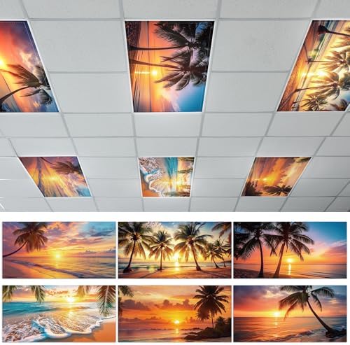 Wiooffen 6 Pcs Fluorescent Light Covers with 60 Magnets Decorative for Classroom Ceiling Light 4 x 2 Feet Magnetic Light Covers Filter Easy Install for Office Hospitals & Home(Orange Beach) by Wiooffen