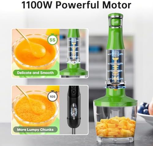 Turelar Immersion Blender Handheld Corded Hand Blenders Set 1100W, Trigger Variable Speed 5 in 1 Stick Emulsifier with Chopper, Whisk and Frother for Soup, Baby Food and Smoothies, Apple Green - Image 2