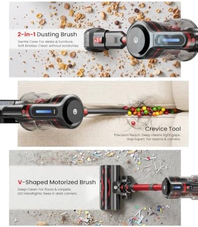 CHEBIO Lightweight Cordless Vacuum Cleaners for Home, Stick Vacuum Cordless Rechargeable with 45kPa Suction,45-Min Run,Anti-Tangle and Self-Stand, 6 in 1 Hardwood Vacuum Cleaner (red) - Image 5