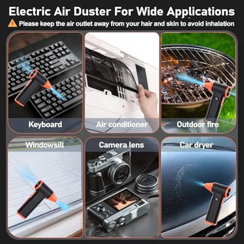 Compressed Air Duster Rechargeable Electric Air Duster for PC Keyboard Mini Dust Blower 130000RPM Cordless Air Blower Jet Dryer Turbo Fan Handheld Blower for Car Home Office, Black-Orange - Image 2