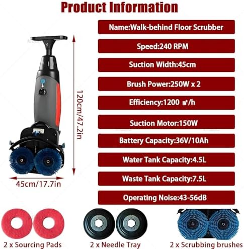 Commercial Walk Behind Floor Scrubber, Portable, 2x250W Brush Power, Dual 4L+7L Tanks, 1200㎡/h Coverage, for Home Office (Grey) - Image 2