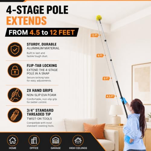 4-12Ft Cobweb Duster with 4-Stage Extension Pole for Ceiling Wall - Image 2