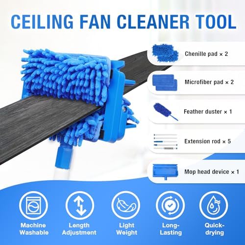 Ceiling Fan Cleaner Duster with 72" Extension Pole & 4 Reusable Pads, High Ceiling Fan Blade Cleaning Tool, Flexible Microfiber Duster for Baseboard,Blinds,Cobwebs,Floor, -Lightweight & Washable - Image 3
