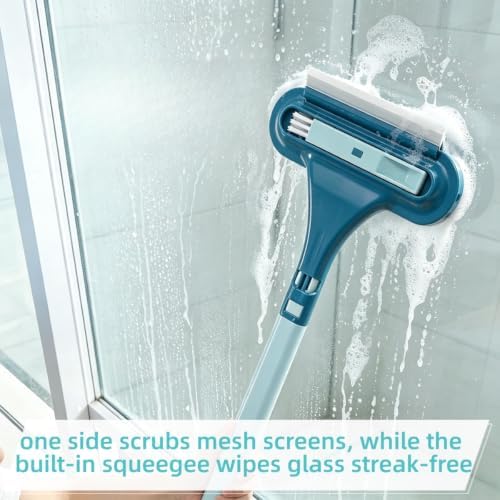 3-in-1 Window Screen Cleaning Brush with Squeegee, Mesh Screen Cleaner Tool with Detachable Handle, Dual-Purpose Wet & Dry Scrubber for Window, Patio, Door Screens (2 Pack – Lime Green + Blue) - Image 5