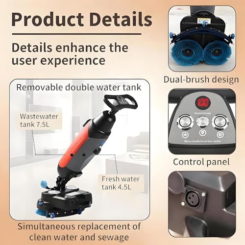 17" Power Mop Brushes Cordless Battery Powered Floor Scrubber with Dual Tanks (4.5L+7.5L), Commercial Floor Washer 13000 Sqft/H for Wood, Tile, Marble & Cement Floors Red - Image 4