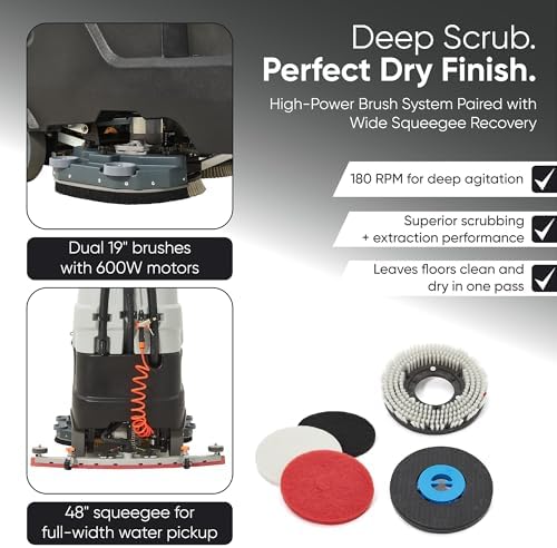 Battery Powered Ride-On Commercial Floor Scrubber Machine, 38" Brush, 48" Squeegee Width, 46 gal Solution Tank, 48 gal Recovery Tank, 5 hr Use 8 hr Charge, 180 RPM, 84,000 Sqft/H, Batteries Included - Image 3