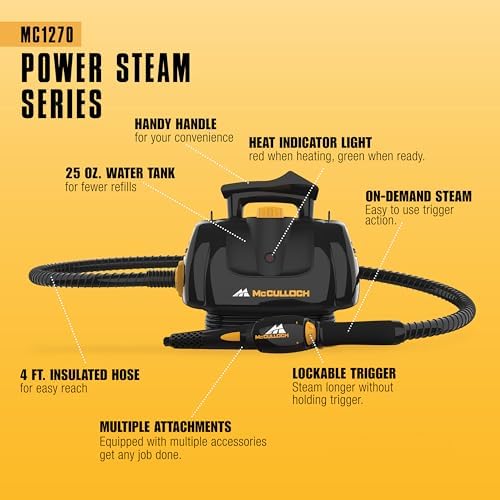 McCulloch MC1270 Portable Power Steam Cleaner, 30 Minute Runtime, 16 Accessories: Mop Head, Brushes, & More - Built for Home, Tile, Grout, Carpet, Furniture, & Personal Car Detailing - Image 4