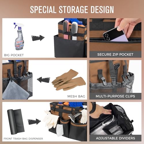 SCAVATA Wearable Cleaning Caddy, Cleaning Caddy Supplies Organizer with Handle & Shoulder Straps for Housekeepers, Under Sink & Car Cleaning Tool Organizers Bag with 4 Foldable Divider (Brown) - Image 2