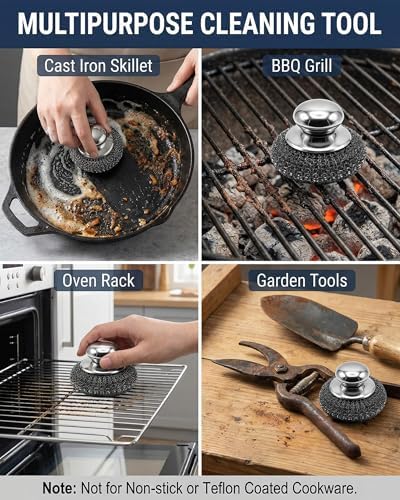8 Pcs Steel Wool Scrubbers with 2 Pcs Handle,Stainless Steel Scouring Pads for Cast Iron Skillets, Grill & Kitchen Pots - Rust Resistant, Non-Splintering Heavy Duty for Tough Grease - Image 6