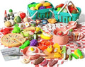 150Pcs Kitchen Playset, Toddlers Pretend Cooking Cookware Accessories, Food, Picnic Blanket, Fruits, Veges, 2Pack Shopping Storage Basket, Dessert and Prop Money, Gift for Kids (Pink) by JOKERKING