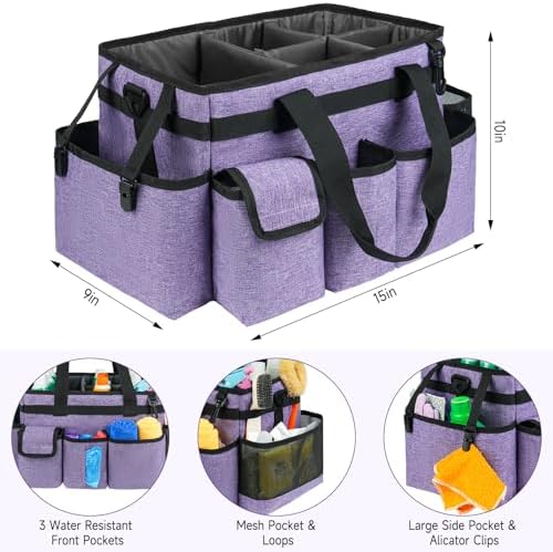 Cleaning Caddy Bag,Large Cleaning Supplies Organizer with Handle for Housekeepers,Purple - Image 3