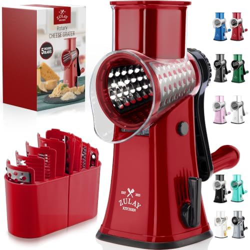 Zulay Kitchen Rotary Cheese Grater 5 Blade Cheese Shredder - Manual Hand Crank Cheese Grater With Reinforced Suction & 5 Interchangeable Drums - Easy to Use, Vegetable Chopper Round Mandoline Slicer by ZulayKitchen