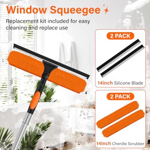 14" Window Squeegee with Extension Pole,26FT Reach High Window Washers for High Outside Windows,Professional Window Cleaning Tool Kit Include Replacement,180°Rotatable Squeegee for Indoor/Outdoor - Image 2